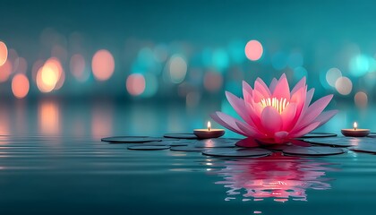 Peaceful lotus flower on water with candles