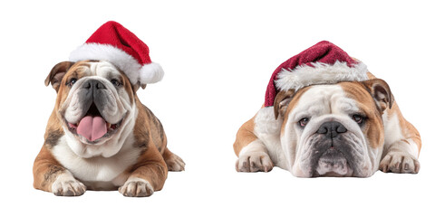 Cute Bulldog Puppies Wearing Santa Hats transparent background PNG