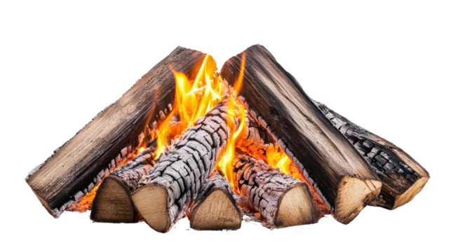 Bonfire with glowing embers and dry wood Transparent background, PNG