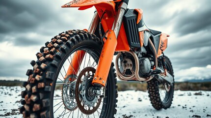 Orange dirt bike closeup with muddy wheels.