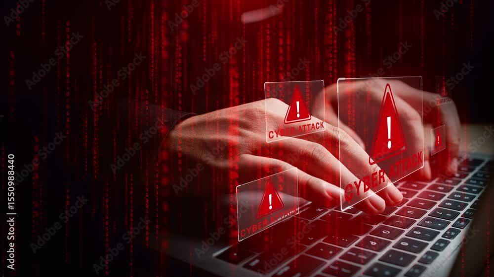 Poster laptop with hands typing amid glowing cyber attack alerts and red binary code, symbolizing hacking, 