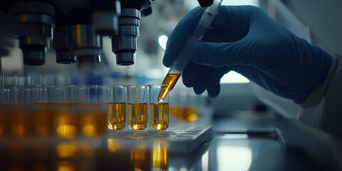 Scientist Conducting Lab Test with Pipette in Laboratory, Lab Researcher Adding Liquid to Test Tubes in Scientific Experiment, Laboratory Scientist Working with Chemical Solutions