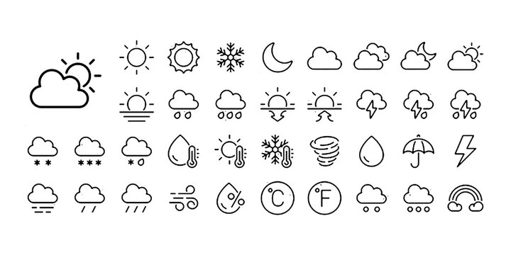 Weather and meteorology editable stroke outline icons set isolated on white background flat vector illustration.