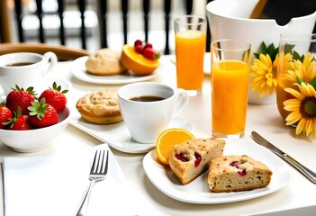 Breakfast table with muffins, scones, coffee, orange juice, and strawberries, arranged on white plates and in glasses, with a white tablecloth and a fork on a napkin