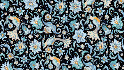 Seamless pattern with birds and flowers on a black background in a decorative style design art