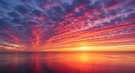 Fototapeta premium Fiery Sunset over Calm Ocean: A breathtaking panorama of vibrant colors painting the sky and reflecting on the tranquil waters.