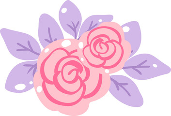 Pink Rose and Purple Leaf Illustration, Cute Pastel Floral Clipart for Autumn or Halloween Decor

