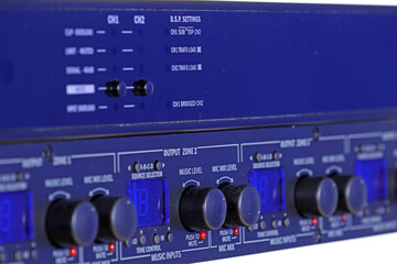 Front control panel of the audio amplifier with level controls and display. 