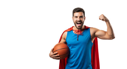 Man in blue shirt and red cape holding basketball cheering loudly on transparent background