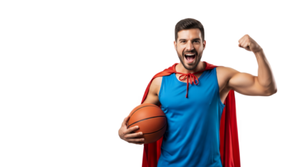 Man in blue shirt and red cape holding basketball cheering loudly on transparent background