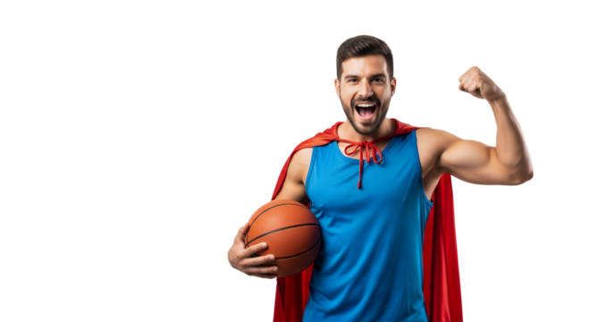 Man in blue shirt and red cape holding basketball cheering loudly on transparent background