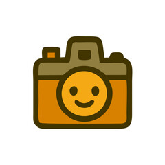 Cartoon Vintage Tech Icons with Cute Faces and Retro Vibes, A grid of 16 smiling cartoon icons of retro gadgets like cassette tapes, Walkman, radio, and floppy disks—perfect for nostalgic tech themes 