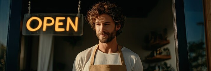 A stylish cafe worker steps forward while keeping the door open behind him with the vibrant "OPEN" sign shining just