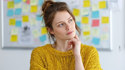A thoughtful young woman in a yellow sweater stands in front of a whiteboard cluttered with various sticky notes Her