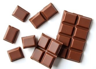 Milk chocolate bars and pieces scattered on a white surface, studio lighting, overhead shot, clean and simple composition, focus on textures and details
