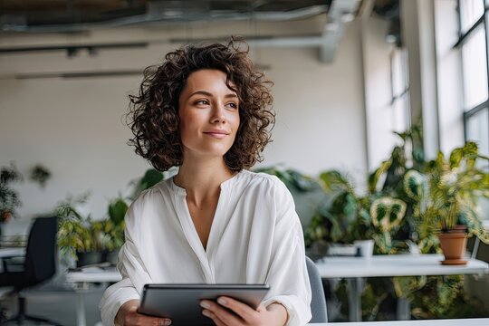 A woman with curly hair in a white blouse seated at a large desk in a modern office She holds