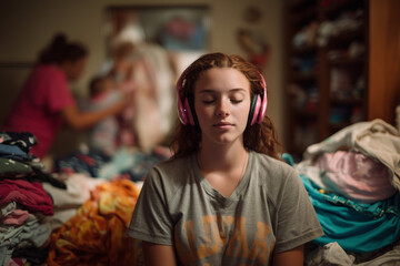A girl is sitting on a bed with headphones on her head