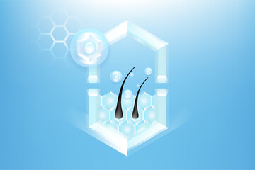 Hyaluronic acid and Niacinamide hair and skin solutions ad, blue collagen serum drops into skin cell with cosmetic advertising background ready to use, illustration vector.	