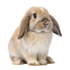 Adorable brown lop eared bunny rabbit sitting on white background, isolated on transparent background