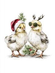 Fototapeta premium Cute chickens in Christmas hats and sunglasses celebrate the holiday season in a sublaycorepunk style illustration