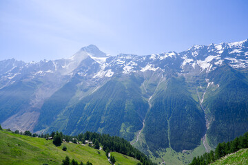 Beautiful view with scenic landscape in the Swiss Alps at Lötschental Valley at Lauchernalp on a sunny late spring day. Photo taken June 19th, 2025, Wiler, Switzerland.