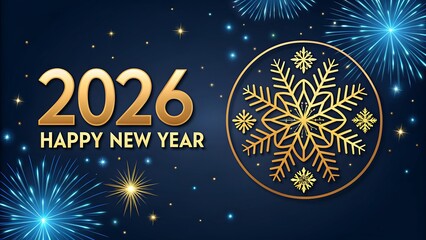 2026 Happy New Year Greeting Card with Golden Snowflake and Fireworks Background
