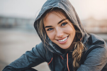A woman with a hoodie on and a smile on her face