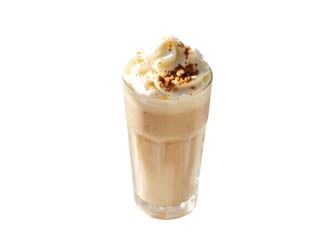 A milkshake topped with hazelnuts and cream, served on a terrace
