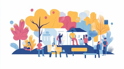 Vibrant Community Park Scene with People Relaxing and Connecting