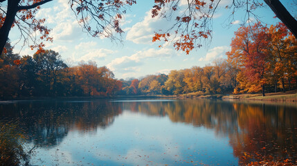Autumn lake reflection with colorful orange and yellow trees under blue sky and scattered clouds, peaceful nature scene with calm water and fallen leaves