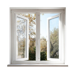 White double-hung window, open, garden view