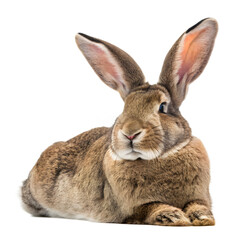 A fluffy brown rabbit sits calmly against a stark white background, its long ears perked up, isolated on transparent background