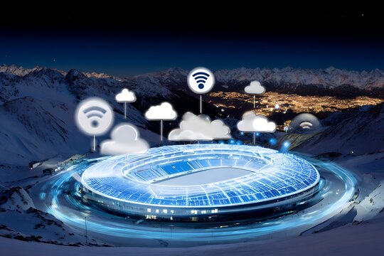 Futuristic stadium surrounded by technology