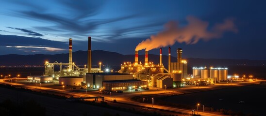 Industrial complex illuminated at night with smoke and lights.