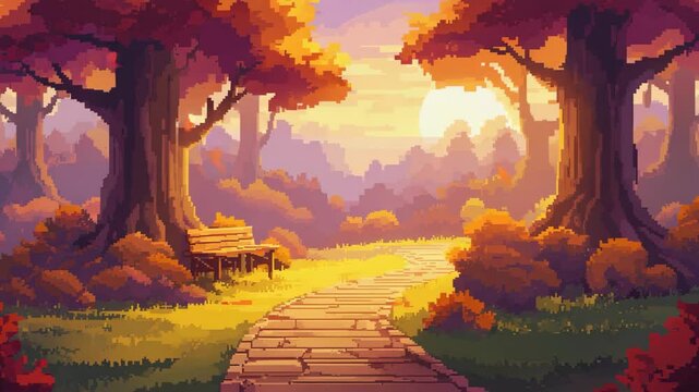 A pixel-style autumn park scene features winding paths, wooden benches, and vibrant trees in red, orange, and yellow hues under soft, pastel skies.