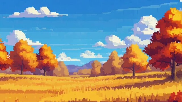 A pixel art landscape features a wide autumn field with vivid orange trees, golden grass, distant mountains, and a bright blue sky dotted with fluffy clouds.