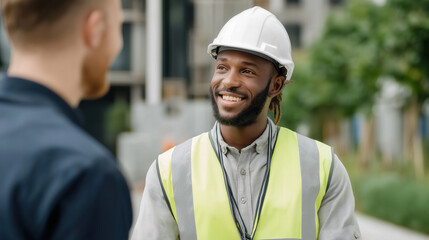 Construction Worker Engaged in Friendly Conversation Outdoors