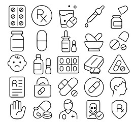 An assortment of pharmaceutical icon representing pills and medicines in medical treatment, healthcare, and drug consumption.