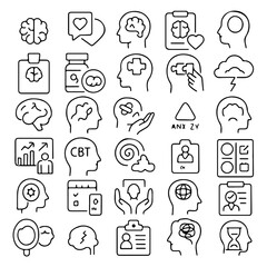 A comprehensive collection of detailed line icons representing mental health concepts, capturing the essence of psychological well-being and therapeutic practices.