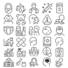 A collection of meticulously crafted health-related illustrations on a clean, minimalist background, symbolizing essential elements of healthcare and child development.