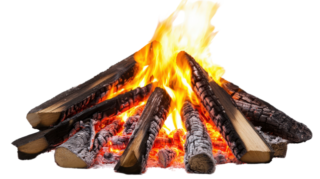 Bonfire with warm orange and red firelight Transparent background, PNG