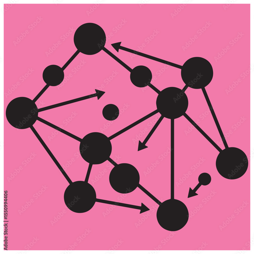 Poster black interconnected dots and arrows on a vibrant pink background representing network and connectio