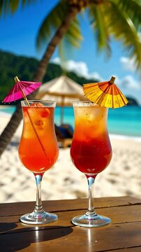 two colorful cocktails with umbrellas by water against backdrop of tall leaning palm trees and beach loungers with straw umbrellas tropical summer vibes