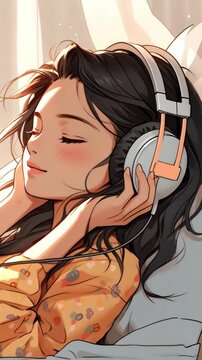 cartoon lo-fi girl listening to music relaxing chill vibe cozy aesthetic illustration