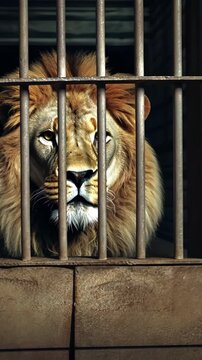 lion behind bars in zoo captive wildlife majestic animal in confinement sad reality
