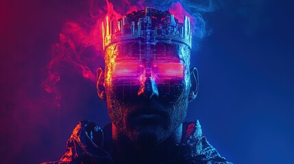 A divine humanoid AI with flowing neon robes and a data-infused crown