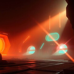 Futuristic Interior With Orange Lighting.
