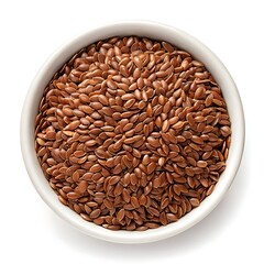 Brown flax seeds in a bowl isolated on white background