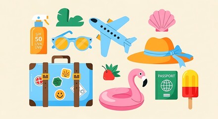 A vibrant travel collage sky blue plane soaring with playful flamingo sun kissed hat cool shades and a passport for