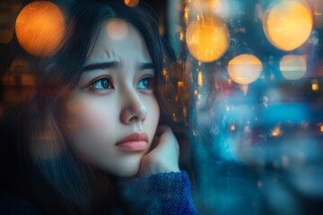 Unhappy, depressed anxiety-stricken young Asian woman sitting in a room and looking out the window, reflecting emotional turmoil., Generative AI
